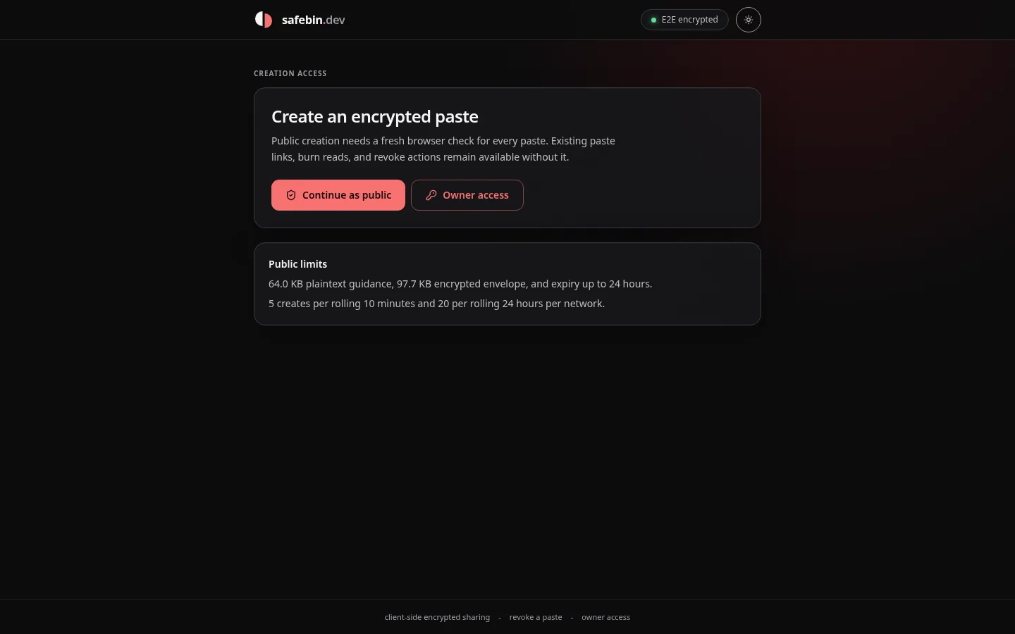 safebin.dev access screen with public and owner paths for creating an encrypted paste.