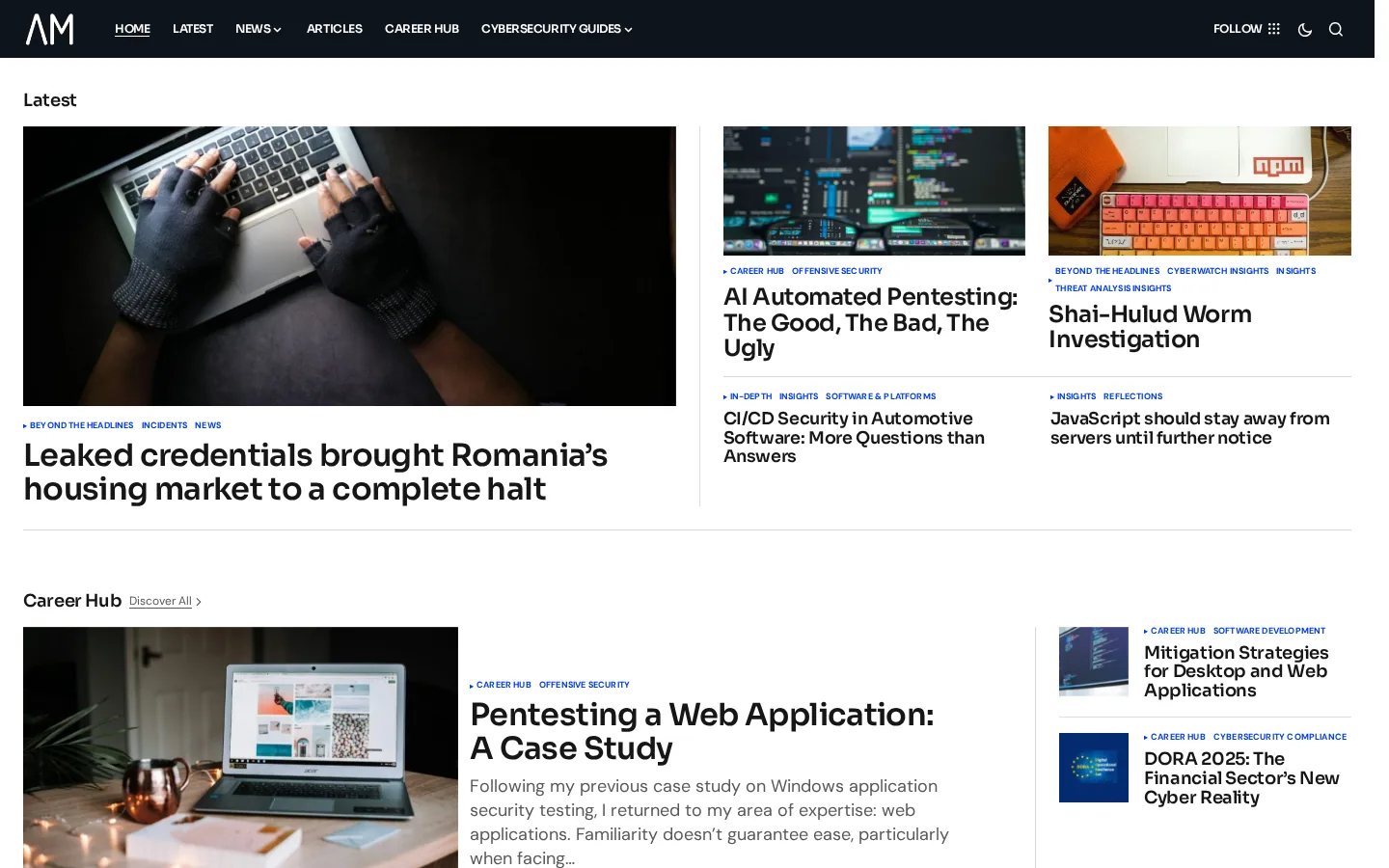 alexmacra.com homepage with a grid of recent cybersecurity investigations and analysis.