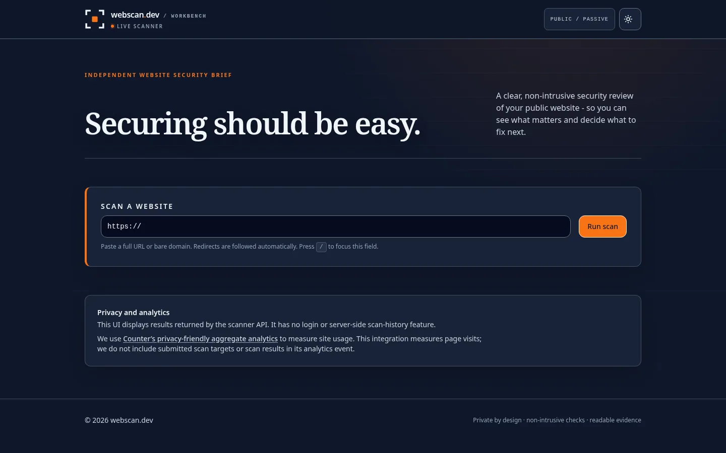 webscan.dev homepage with a website scan field and public, passive scanning status.